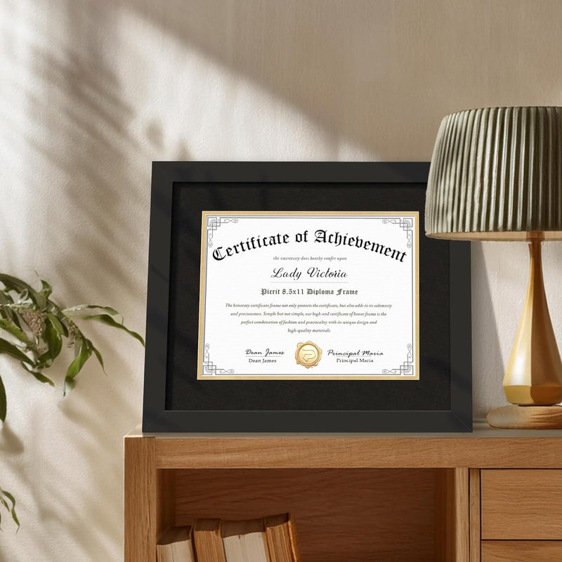 Picrit 11x14 Black Wood Diploma/Document Frame with Tempered Glass & Black over Gold Mat, and Display 15x18 Degree Certificate Frame without Mat for Wall, 1 pack - Image 4